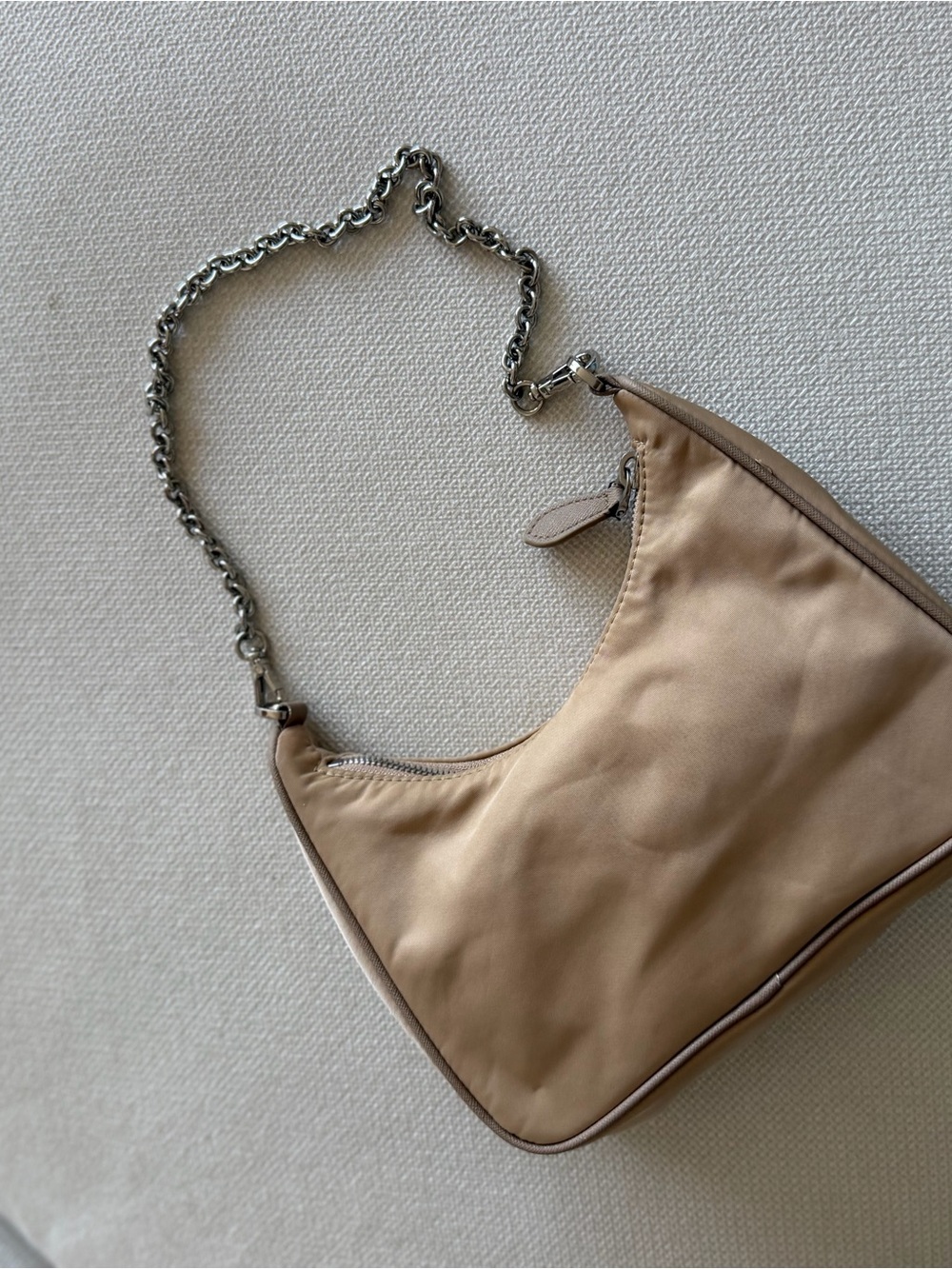 Neutral Tan Shoulder Bag with Silver Chain Strap